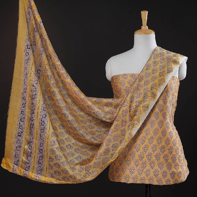 Limited Availability Orange - 3pc Sanganeri Block Printed Maheshwari Silk Suit Material Set