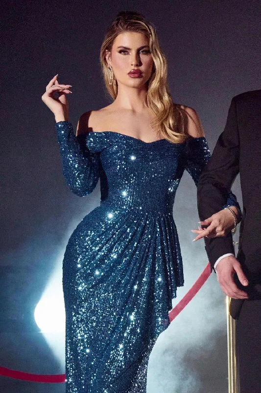 Special Discount Cinderella Divine CH135 Long Sleeve Sequin Evening Gown Lapis Blue