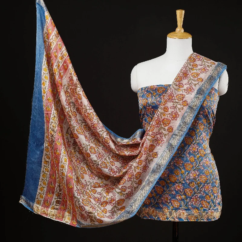Early Bird Discount Blue - 3pc Sanganeri Block Printed Maheshwari Silk Suit Material Set