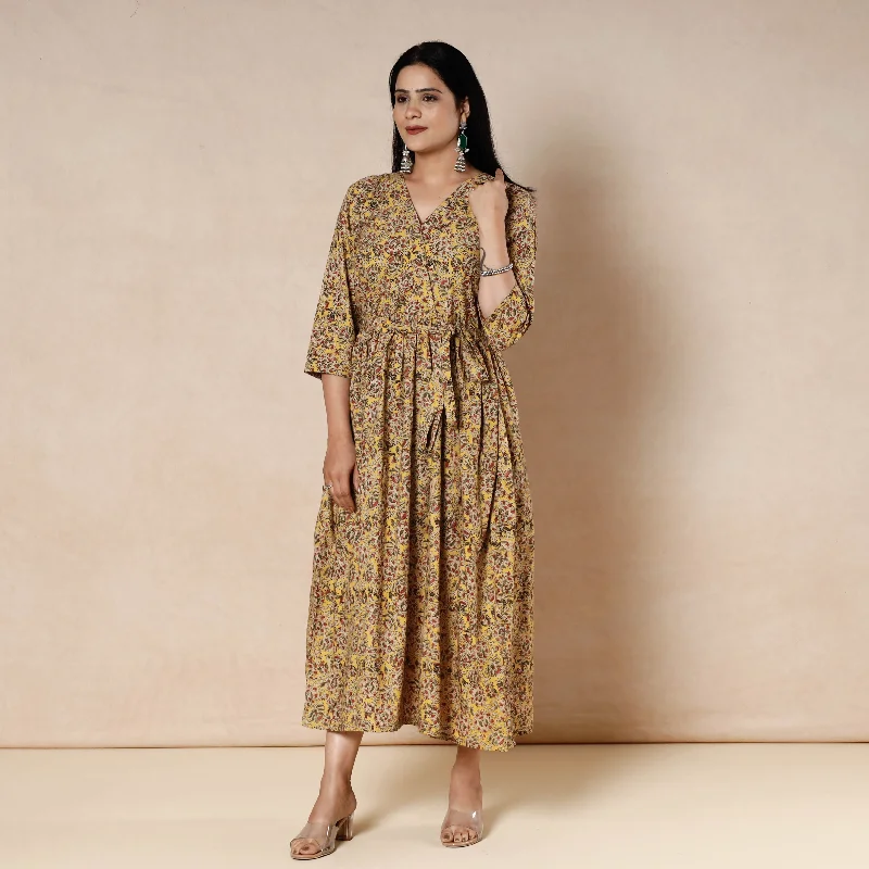 Instant Discount Yellow - Kalamkari Block Printed Cotton Flared Dress