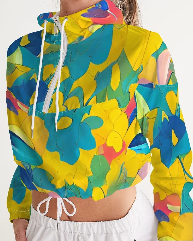 Super Sale Beautiful yellow and blue hint of red pattern Women's Cropped Windbreaker