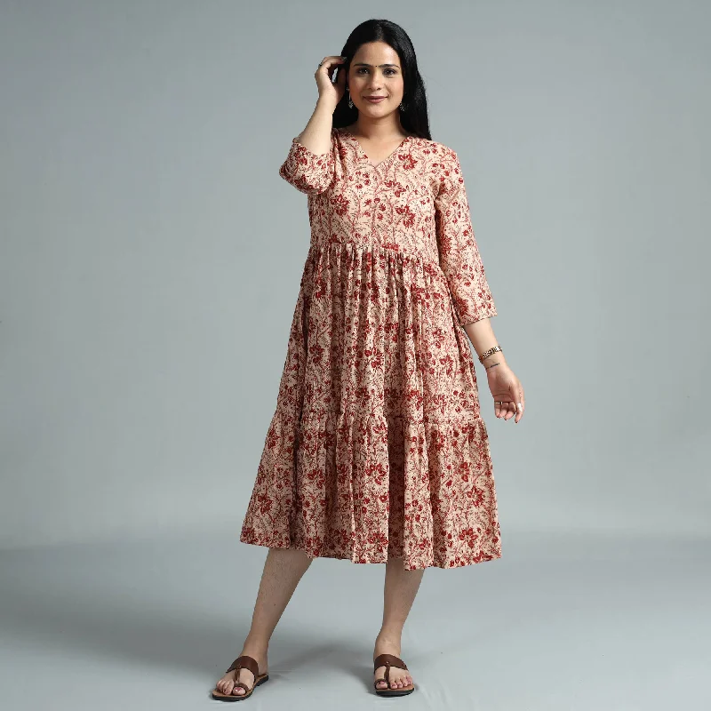 Grand Opening Sale Peach - Kalamkari Block Printed Cotton Flared Gher Dress