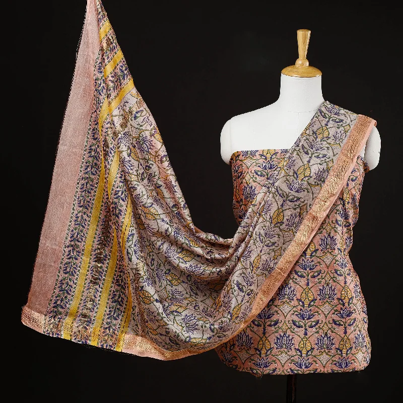 Super Bargain Orange - 3pc Sanganeri Block Printed Maheshwari Silk Suit Material Set