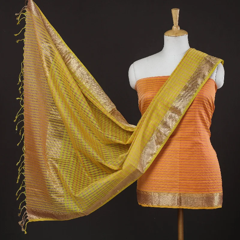 Crazy Deals Orange - 2pc Maheshwari Silk Cotton Zari Work Checks Handloom Suit Material Set