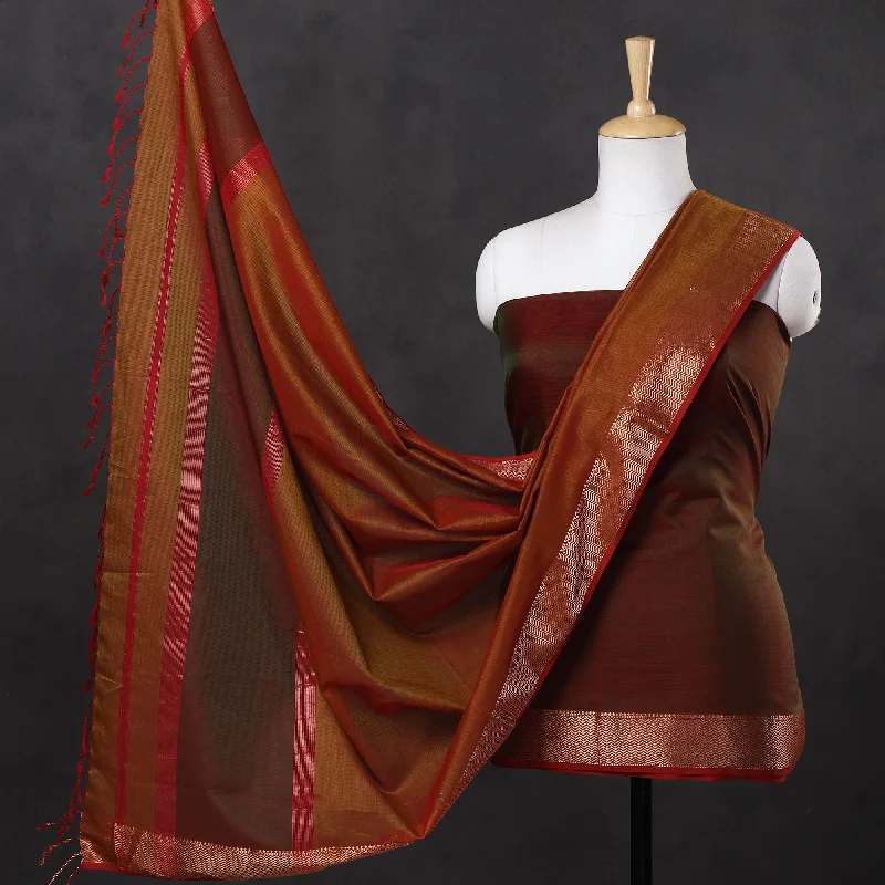 Markdowns Brown - 2pc Maheshwari Silk Handloom Suit Material Set with Zari Border