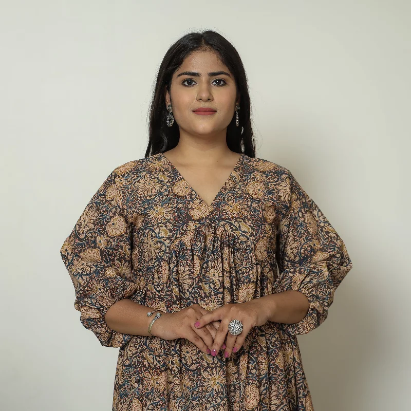 Best Seller Black - Pedana Kalamkari Block Printed Cotton Flared Gher Dress 07