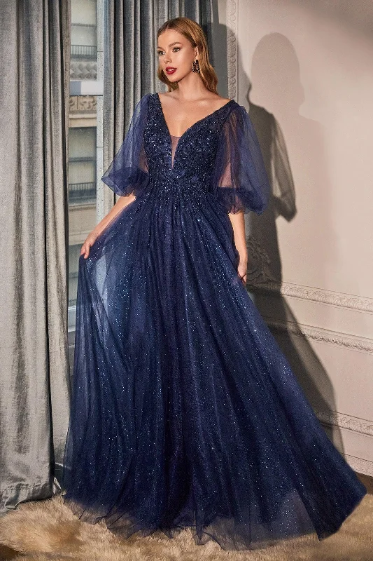 Reduced Prices Cinderella Divine CD0182 Long Sleeve Mother of the Bride Long Tulle Dress Navy
