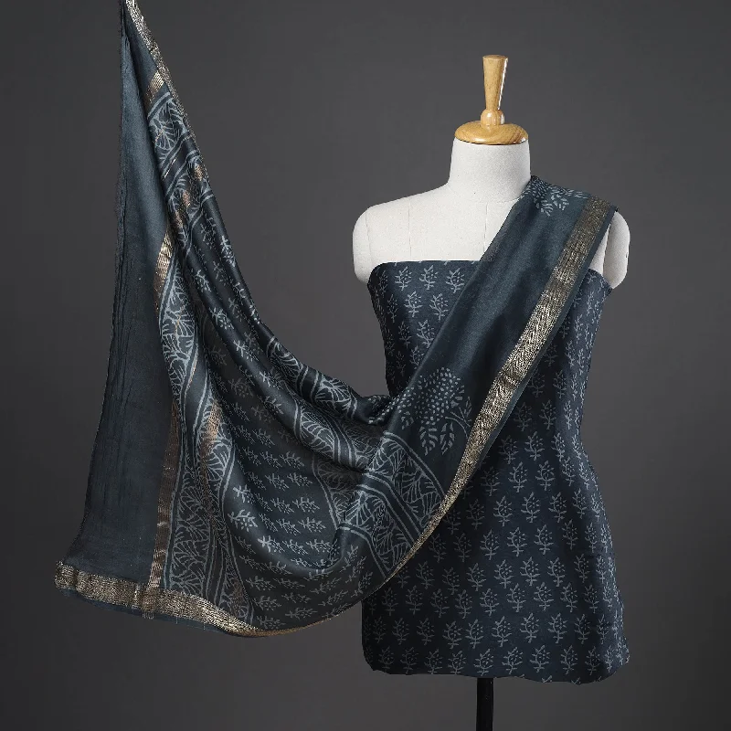 Closeout Grey - 3pc Maheshwari Silk Bagru Print Dress Material 03