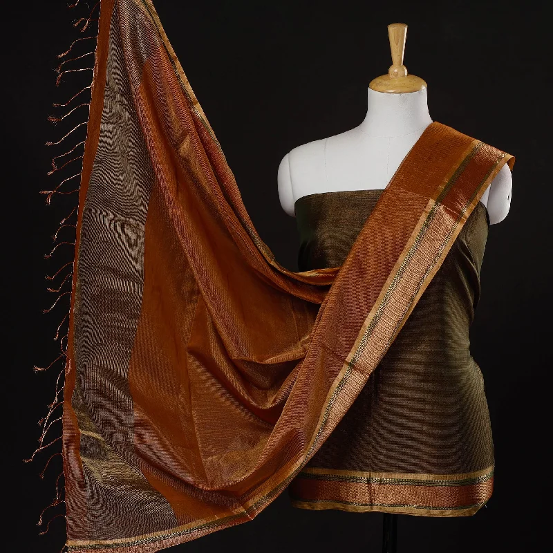 Clearance Sale Brown - 2pc Maheshwari Silk Cotton Tissue Zari Work Handloom Suit Material Set