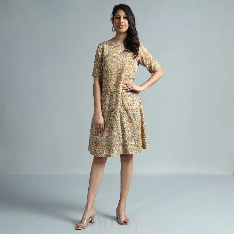 Markdowns Beige - Kalamkari Block Printed Mul Cotton Flare Dress