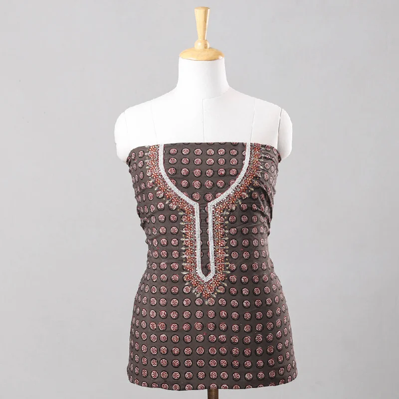 Doorbuster Deal Brown - Bead Work 3pc Cotton Block Printed Pipad Dress Material Set