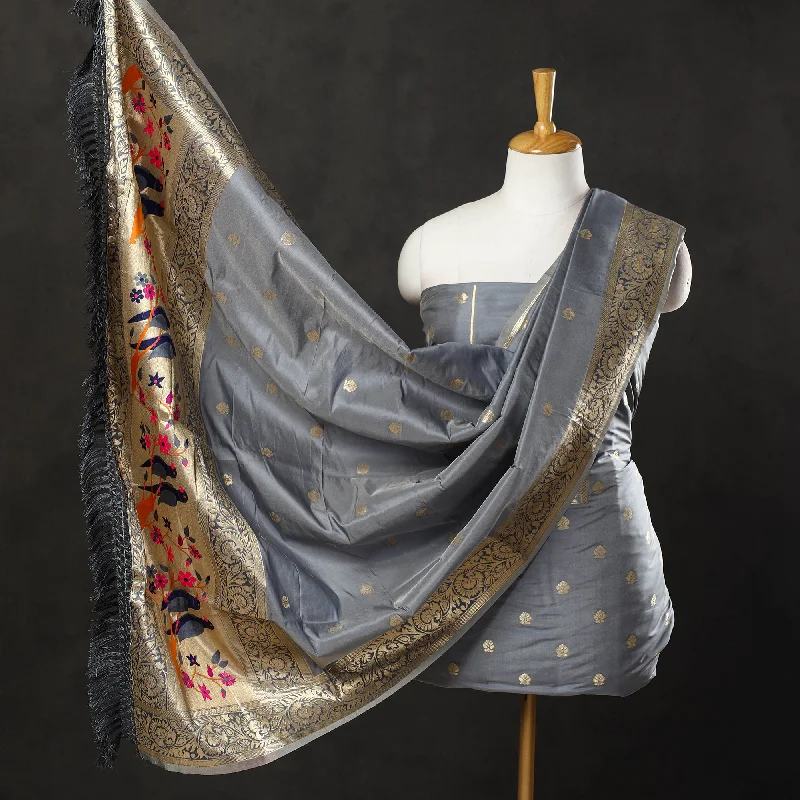Price Reduction Grey - 3pc Weave Silk Paithani Dress Material 07