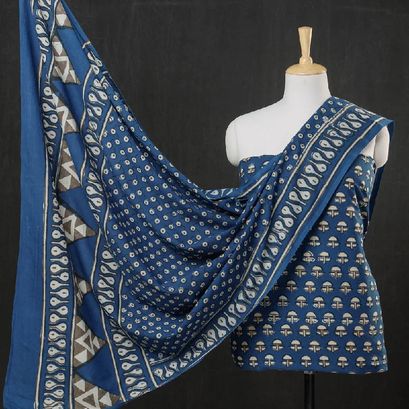 Discount Deals Blue - 3pc Cotton Block Printed Pipad Dress Material Set