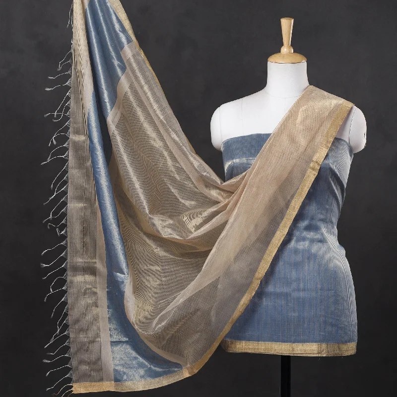 Price Fest Blue - 2pc Maheshwari Silk Handloom Tissue Zari Stripes Suit Material Set