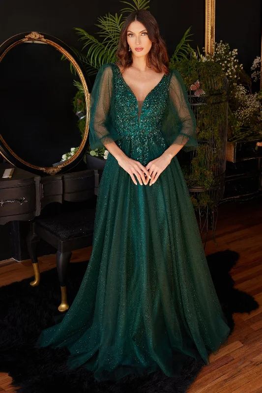 Online Only Cinderella Divine CD0182 Long Sleeve Mother of the Bride Long Tulle Dress Emerald