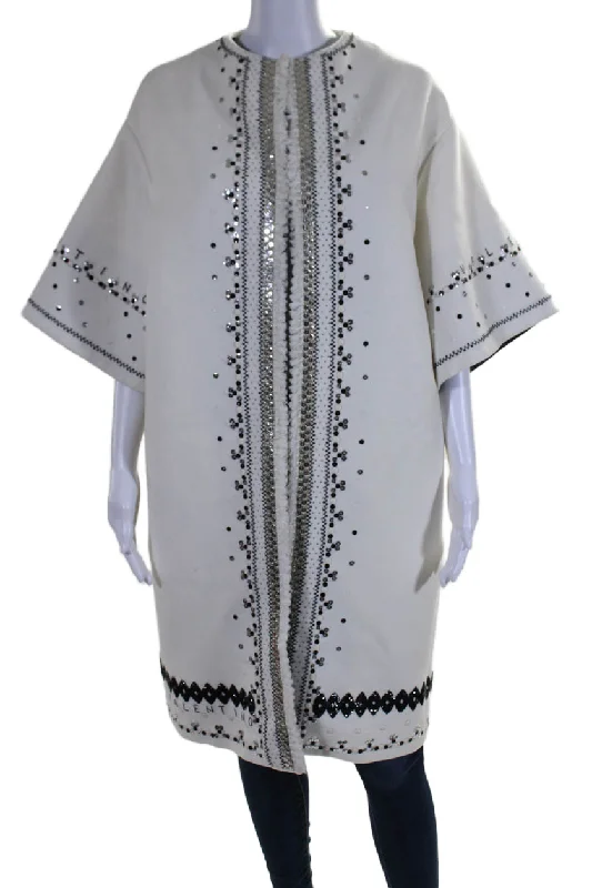 Hot Deal Valentino Womens White Sequins Detail Open Front 3/4 Sleeve Jacket