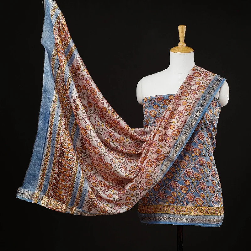 Buy More, Save More Blue - 3pc Sanganeri Block Printed Maheshwari Silk Suit Material Set