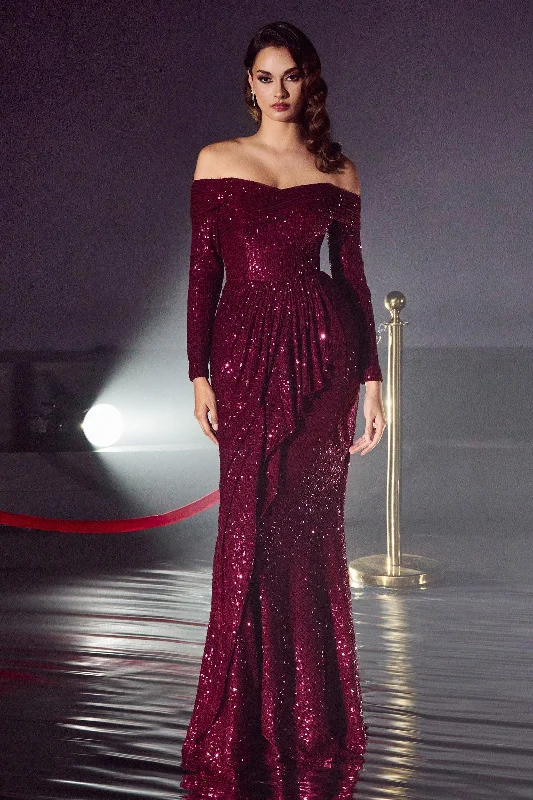 Special Price Cinderella Divine CH135 Long Sleeve Sequin Evening Gown Wine