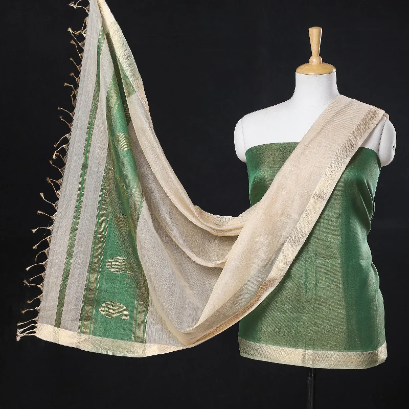 Mega Deal Green - 2pc Maheshwari Silk Tissue Zari Handloom Suit Material Set