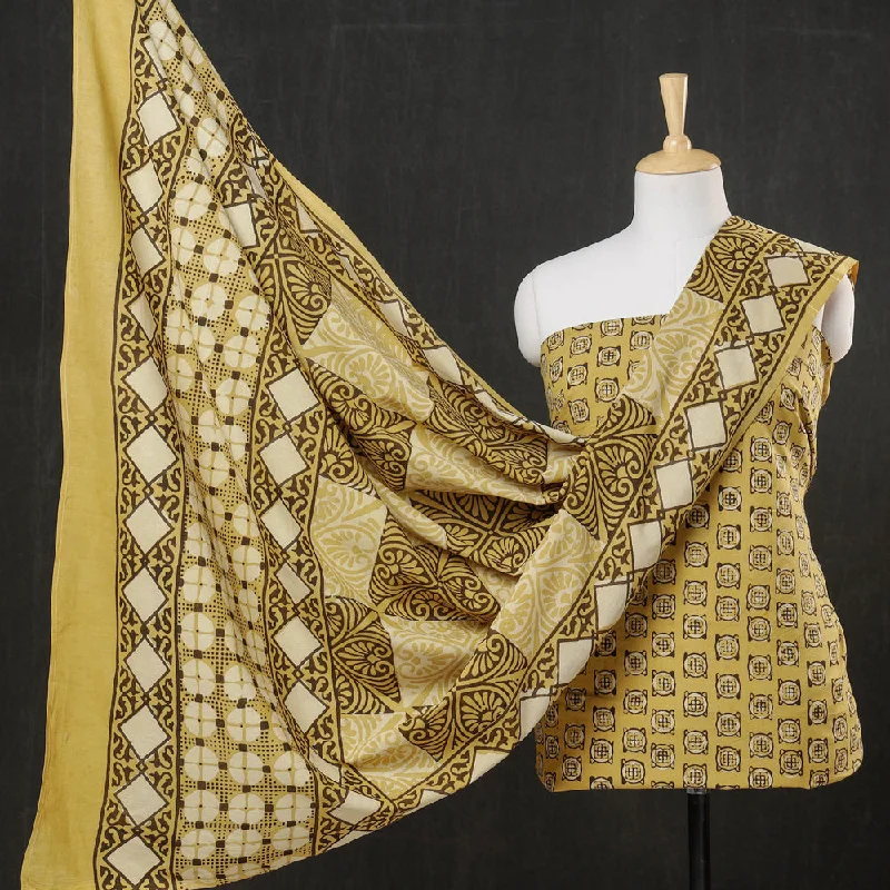 Extra Discounts Yellow - 3pc Cotton Block Printed Pipad Dress Material Set