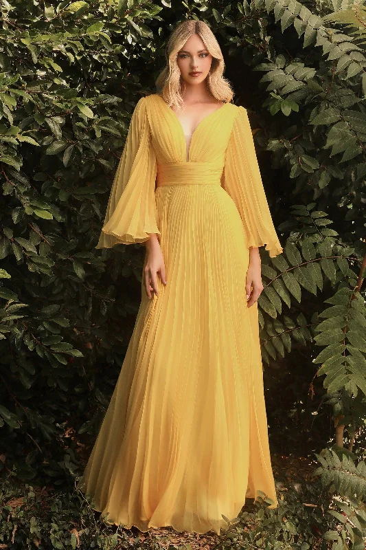 Price Cut Cinderella Divine CD242 Long Sleeve Pleated Formal Prom Dress Yellow