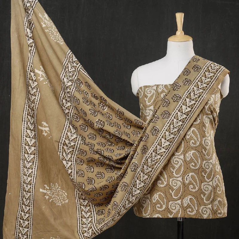 Price Meltdown Brown - 3pc Cotton Block Printed Pipad Dress Material Set