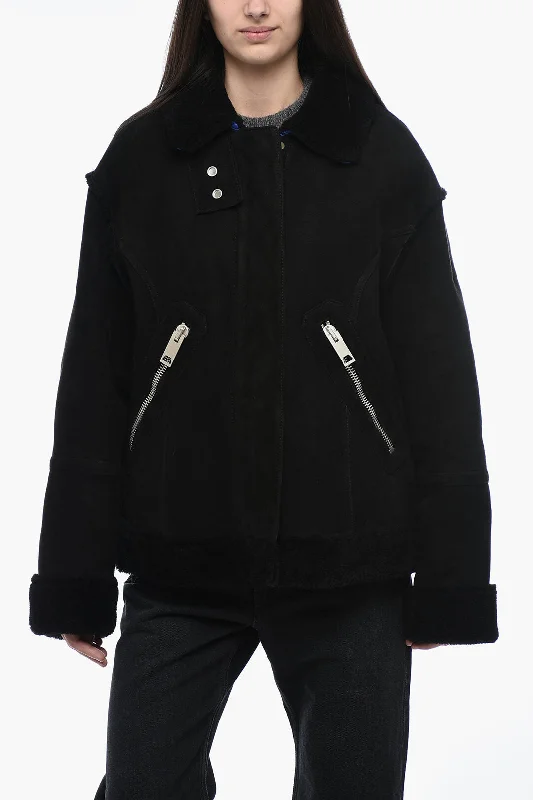 Blowout Sale Off-White Leather Jacket with Shearling Detailing