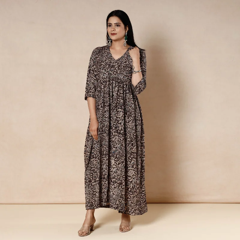Now or Never Brown - Kalamkari Block Printed Cotton Flared Dress
