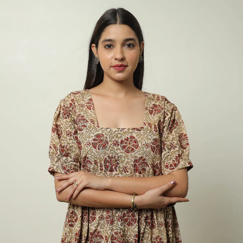 Epic Deals Beige - Pedana Kalamkari Block Printed Cotton Tiered Dress 03
