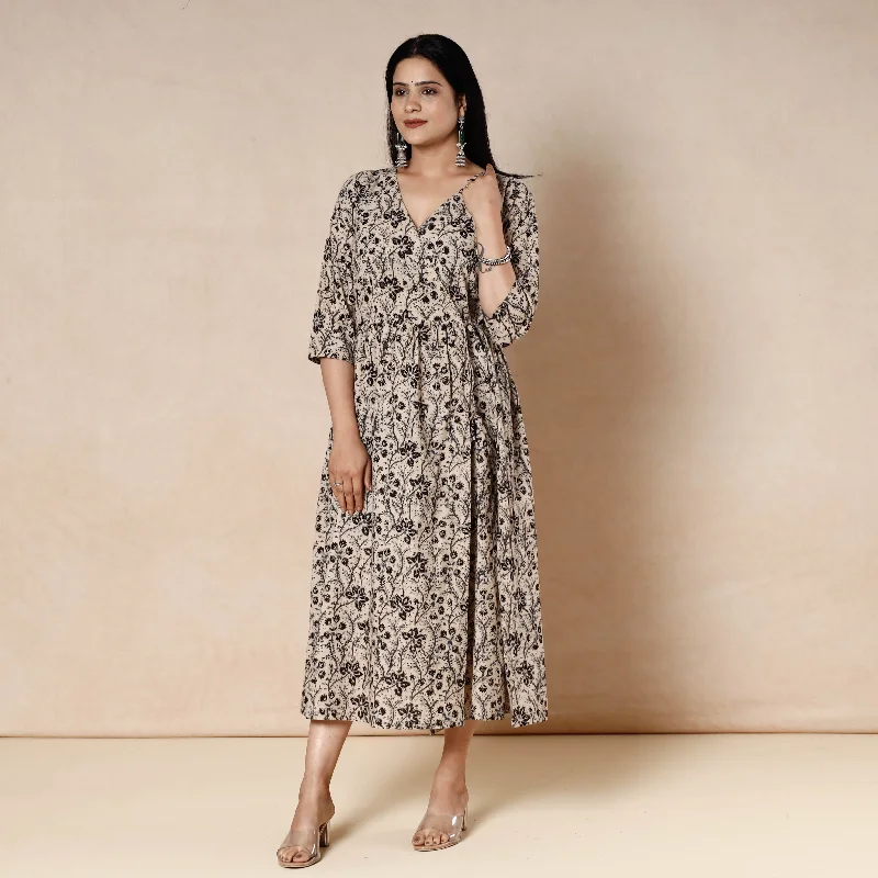 Don't Wait Beige - Kalamkari Block Printed Cotton Flared Dress