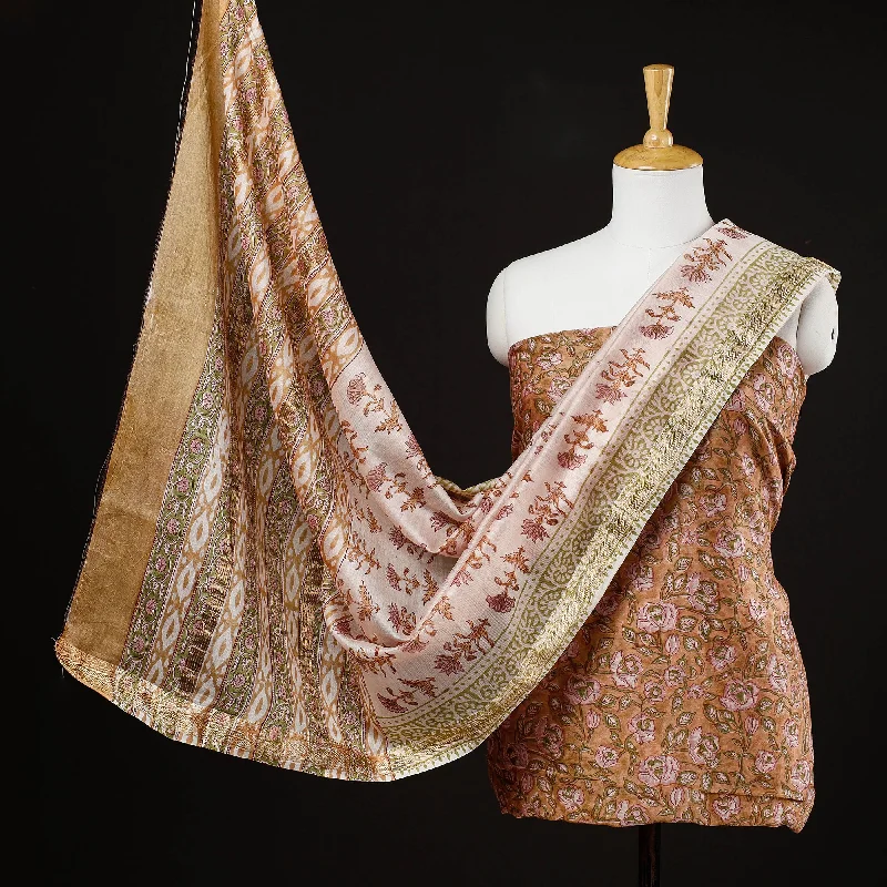 TIME-Limited Offer Brown - 3pc Sanganeri Block Printed Maheshwari Silk Suit Material Set