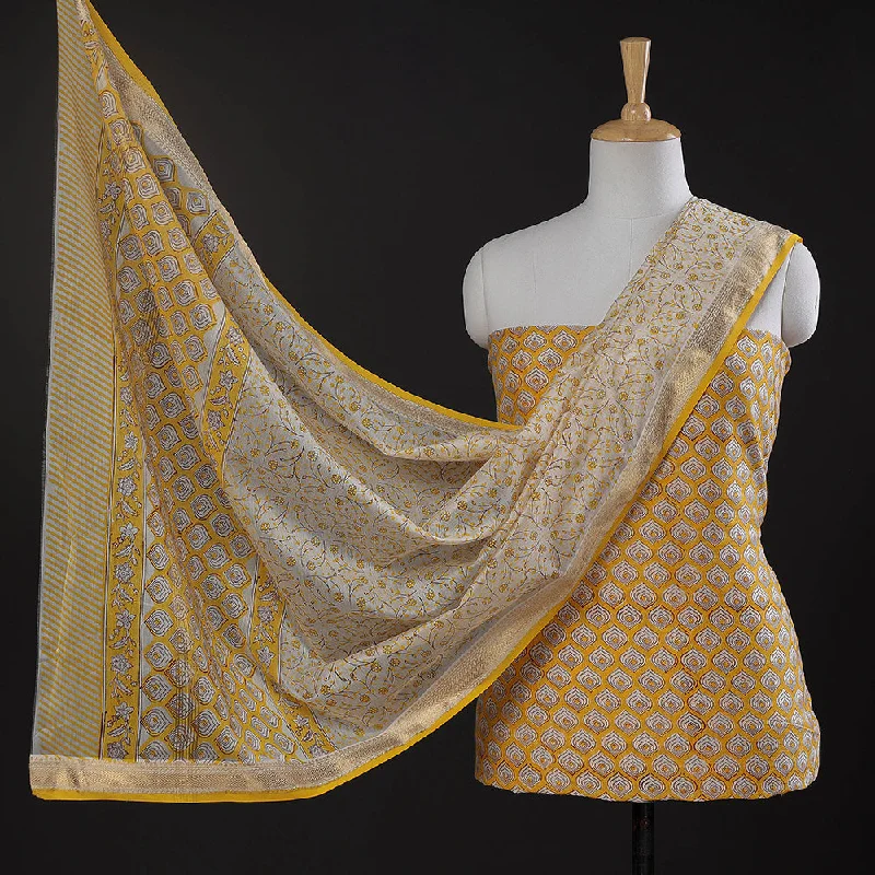 Epic Deals Orange - 3pc Sanganeri Block Printed Maheshwari Silk Suit Material Set