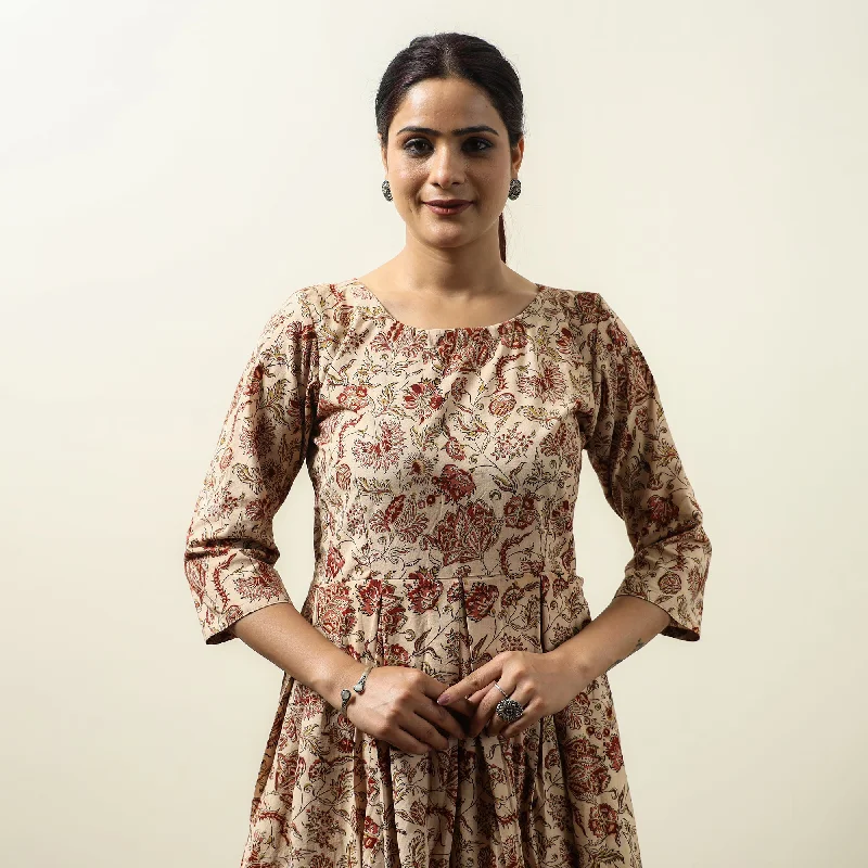 Price Cut Beige - Kalamkari Block Printed Cotton Flared Gher Short Dress 07