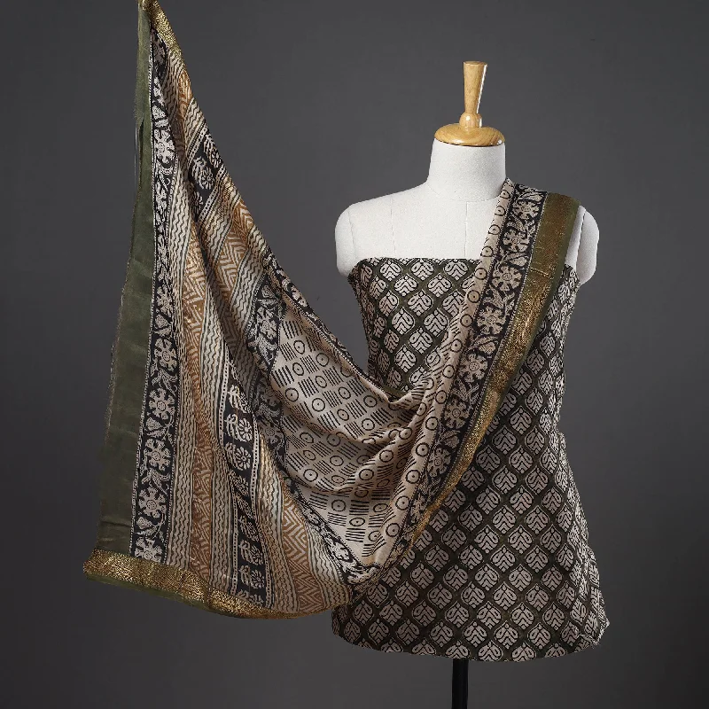 Limited Availability Green - 3pc Maheshwari Silk Bagru Print Dress Material 07