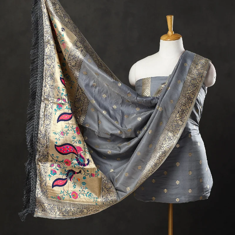 Markdowns Grey - 3pc Weave Silk Paithani Dress Material 05