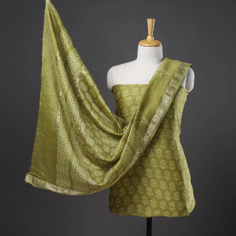 Special Discount Green - 3pc Maheshwari Silk Bagru Print Dress Material 11