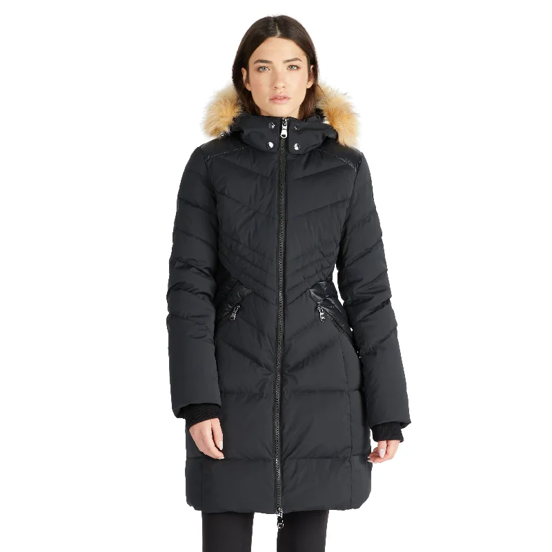 Super Deal Pajar Women’s Countess Mixed Media Quilted Coat with Detachable Hood and Faux Fur Trim