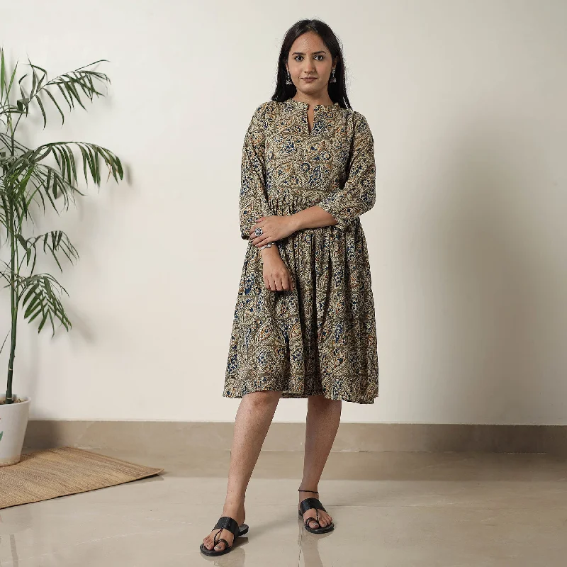 Midnight Madness Brown - Pedana Kalamkari Block Printed Cotton Flared Dress 09
