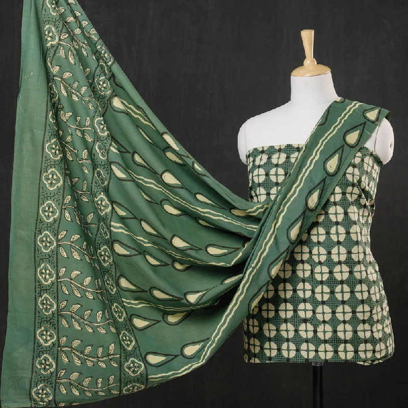 Deal of the Week Green - 3pc Cotton Block Printed Pipad Dress Material Set