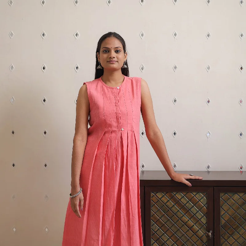 Discount Extravaganza Peach - Handwoven Pleated Sleeveless Plain Dress 31