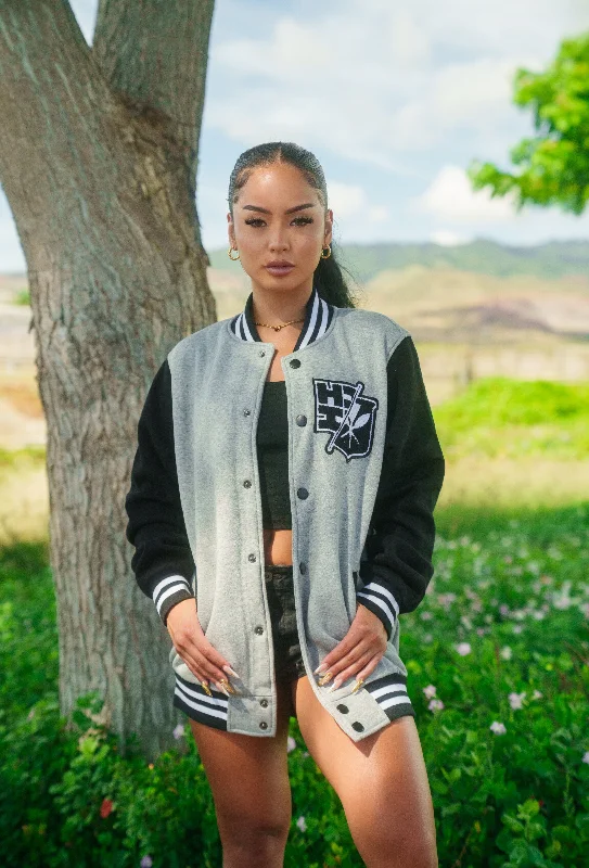 Limited Availability HEATHER GRAY & BLACK SPLIT LOGO VARSITY JACKET