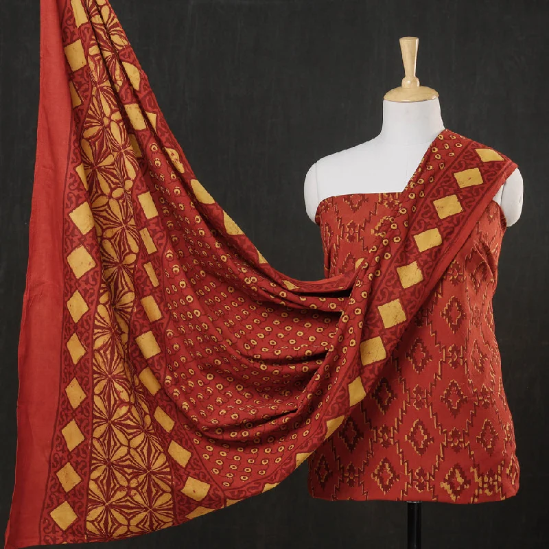 Huge Savings Orange - 3pc Cotton Block Printed Pipad Dress Material Set