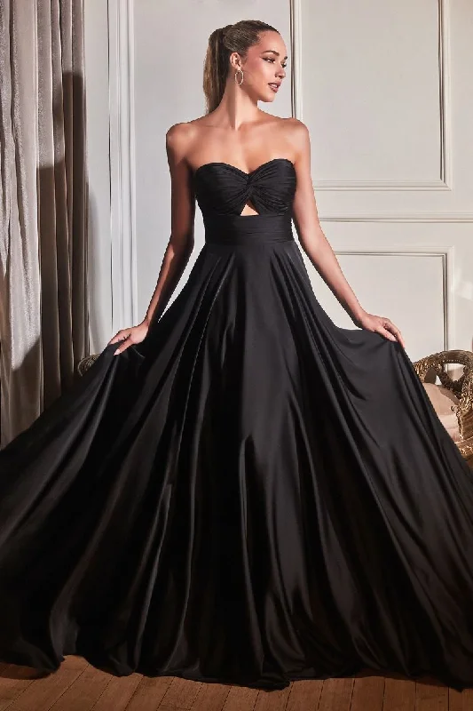 Super Deal Cinderella Divine 7496 Long Satin Strapless Keyhole Prom Formal Dress Black