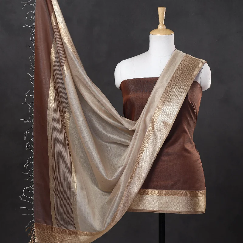 Online Only Brown - 2pc Maheshwari Silk Handloom Suit Material Set with Resham Zari Border