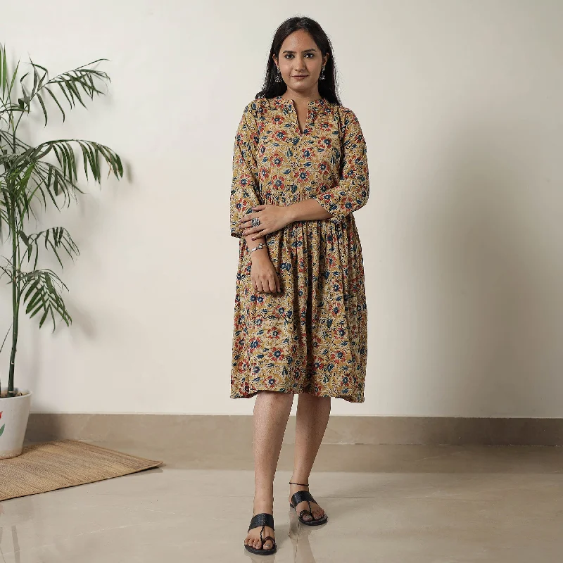 Year-End Sale Yellow - Pedana Kalamkari Block Printed Cotton Flared Dress 01