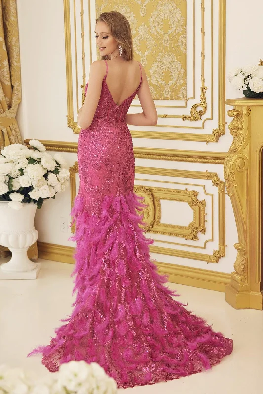 Bargain Bin Nox Anabel C1119 Long Spaghetti Strap Sexy Prom Gown Fuchsia