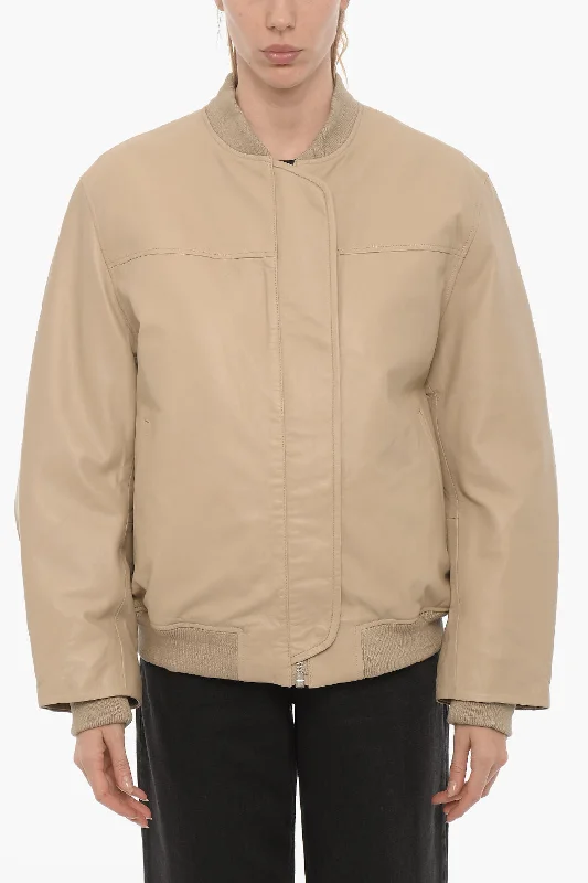 Lowest Prices Remain Leather Bomber Jacket with Hidden Closure