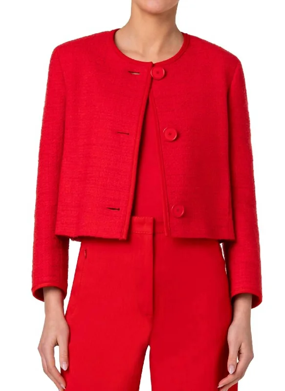 Buy More, Save More Tweed And Denim Crop Jacket In Red