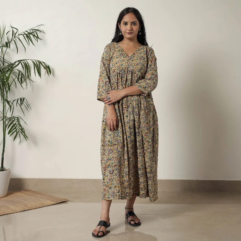 Online Only Yellow - Pedana Kalamkari Block Printed Cotton Flared Dress 07