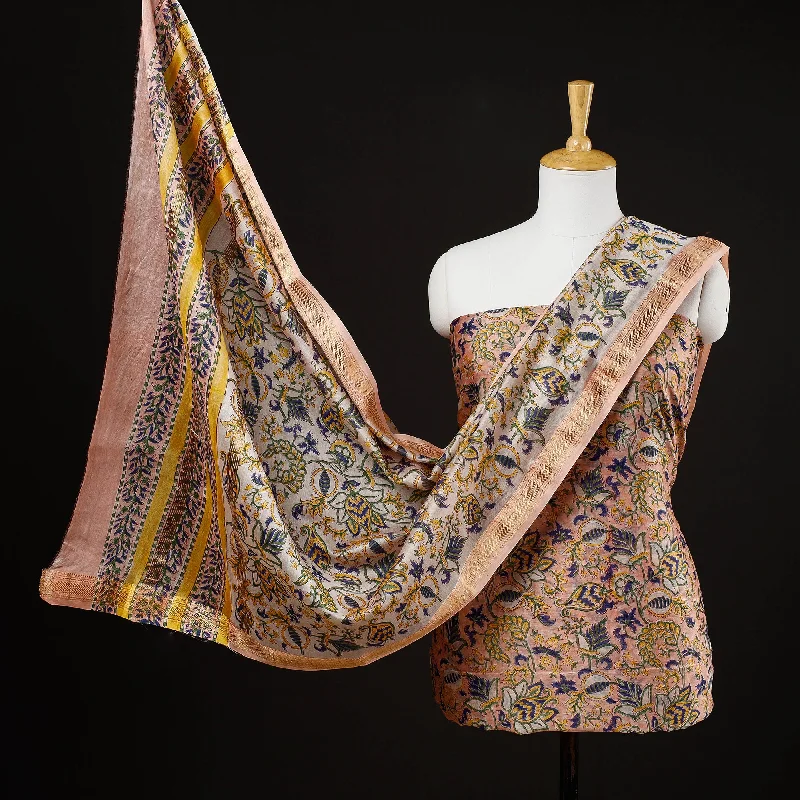 Crazy Savings Orange - 3pc Sanganeri Block Printed Maheshwari Silk Suit Material Set